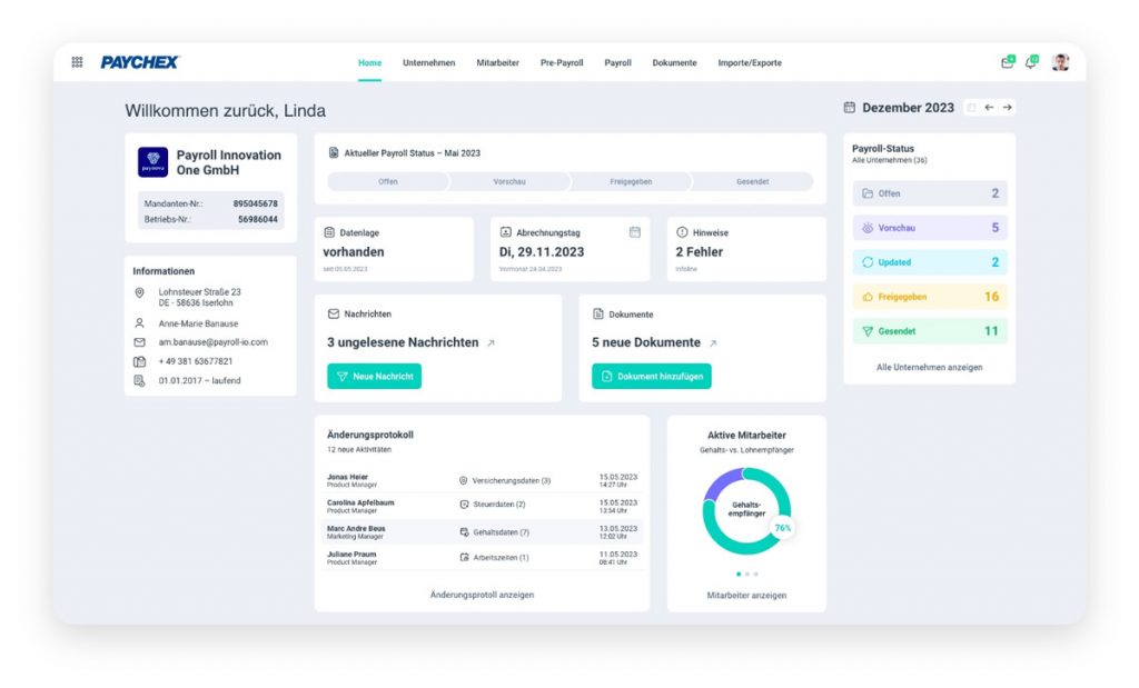 Dashboard Paychex Lohnabrechnungen pxtra