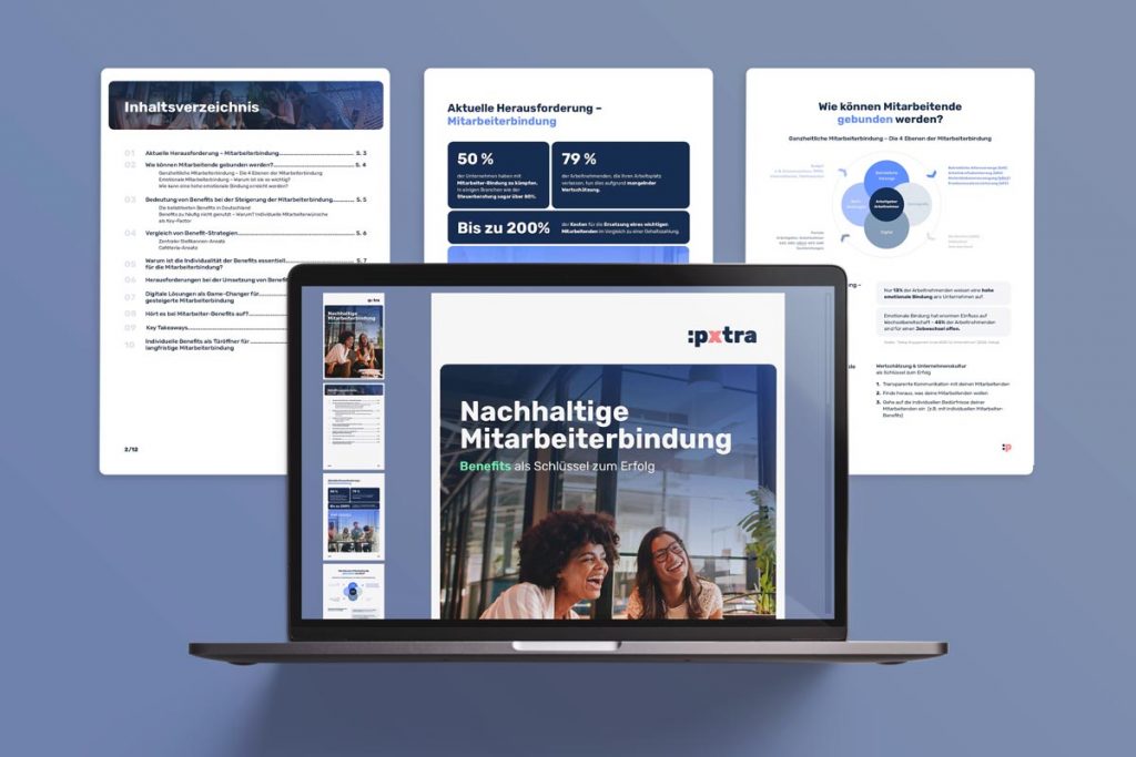 Mockup des pxtra Whitepapers zum Thema "Nachhaltige Mitarbeiterbindung"