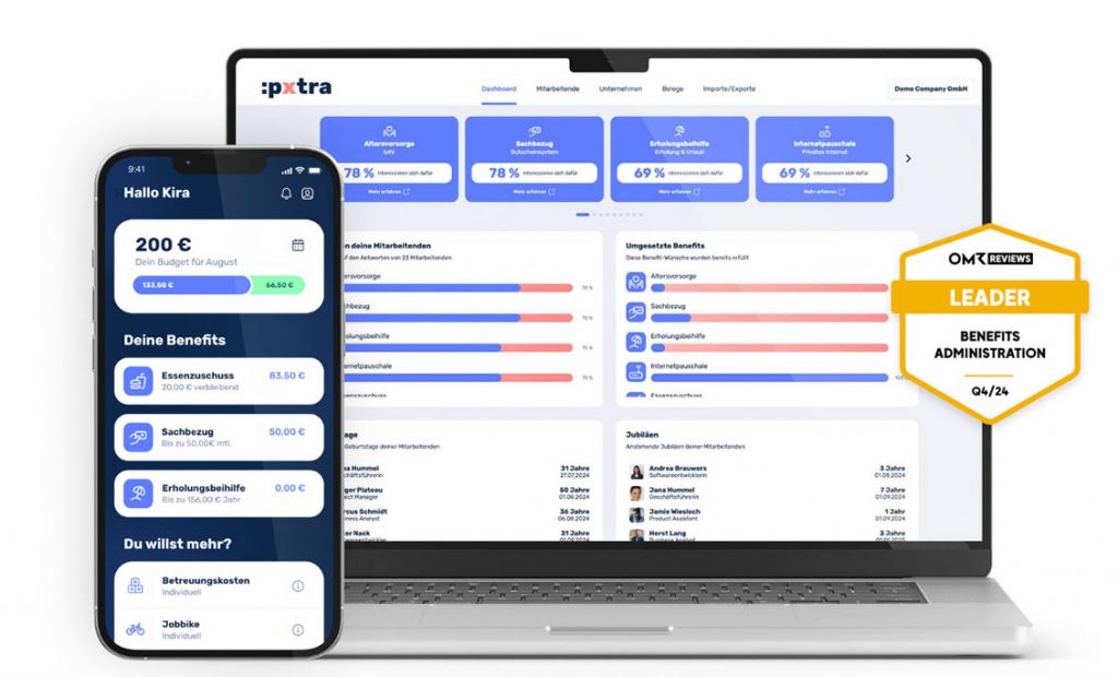 Dashboard-Ansicht der Benefit-App und Plattform von :pxtra und dem OMR-Badge