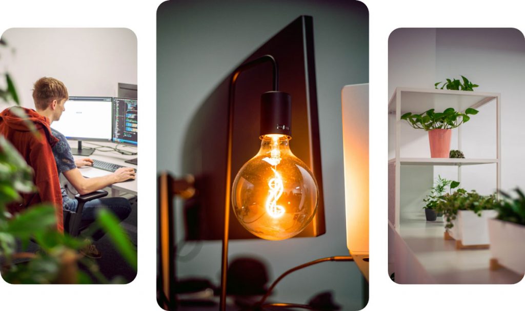 EIndrücke des pxtra-Büros: Johannes am Schreibtisch, leuchtene Lampe und Pflanzen