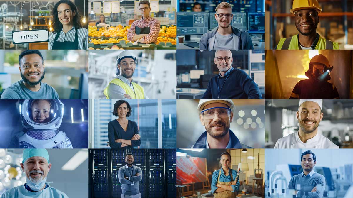Diverse Gruppe mit verschiedenen Jobs innerhalb eines geteilten Bildrasters