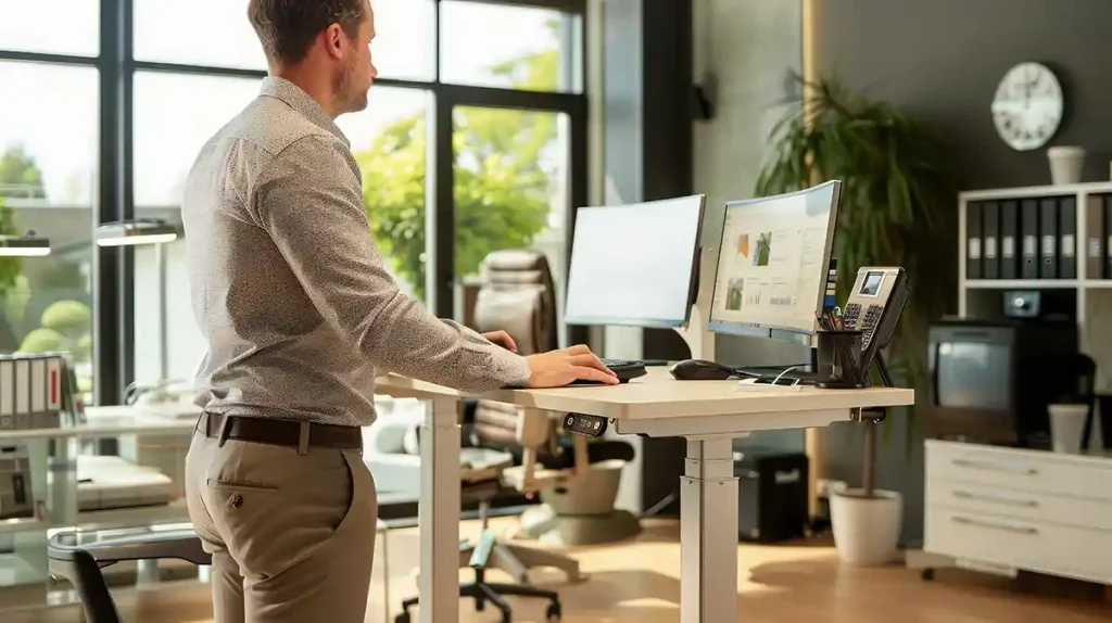 Mann steht am erhöhten Arbeitstisch und schaut auf zwei Monitore