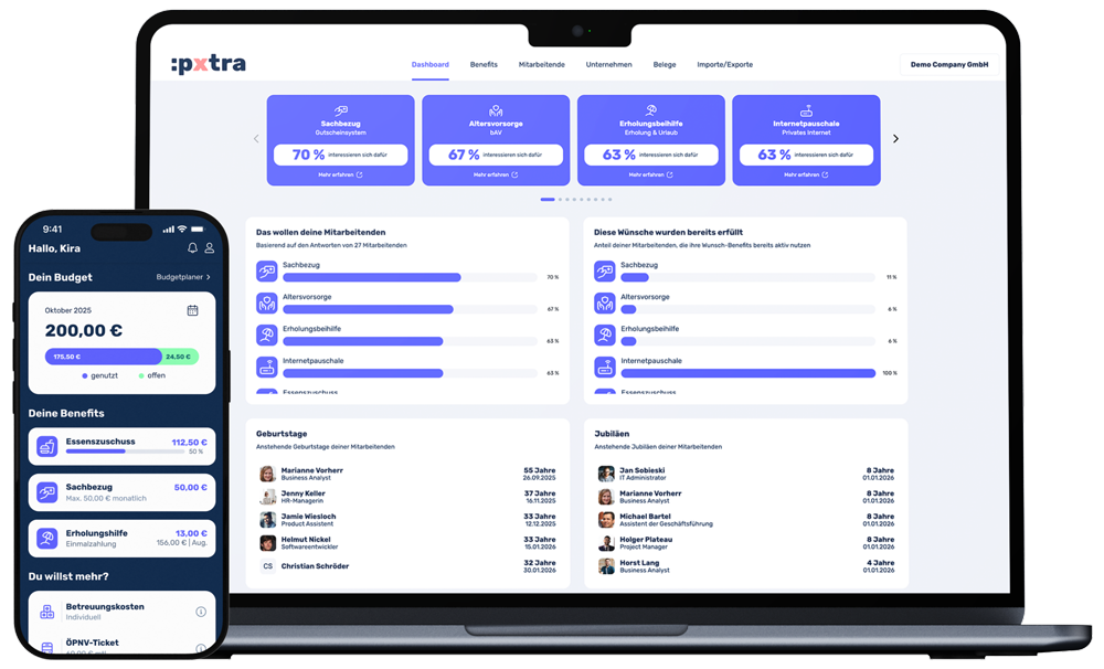 :pxtra Benefit-App und Plattform auf einem mobilen Gerät und einem Notebook